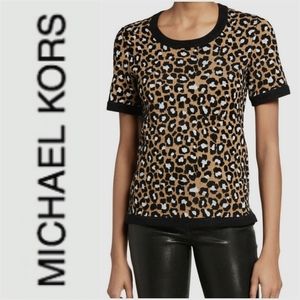 Michael Kors Leopard Print Knit Short Sleeve Sweater